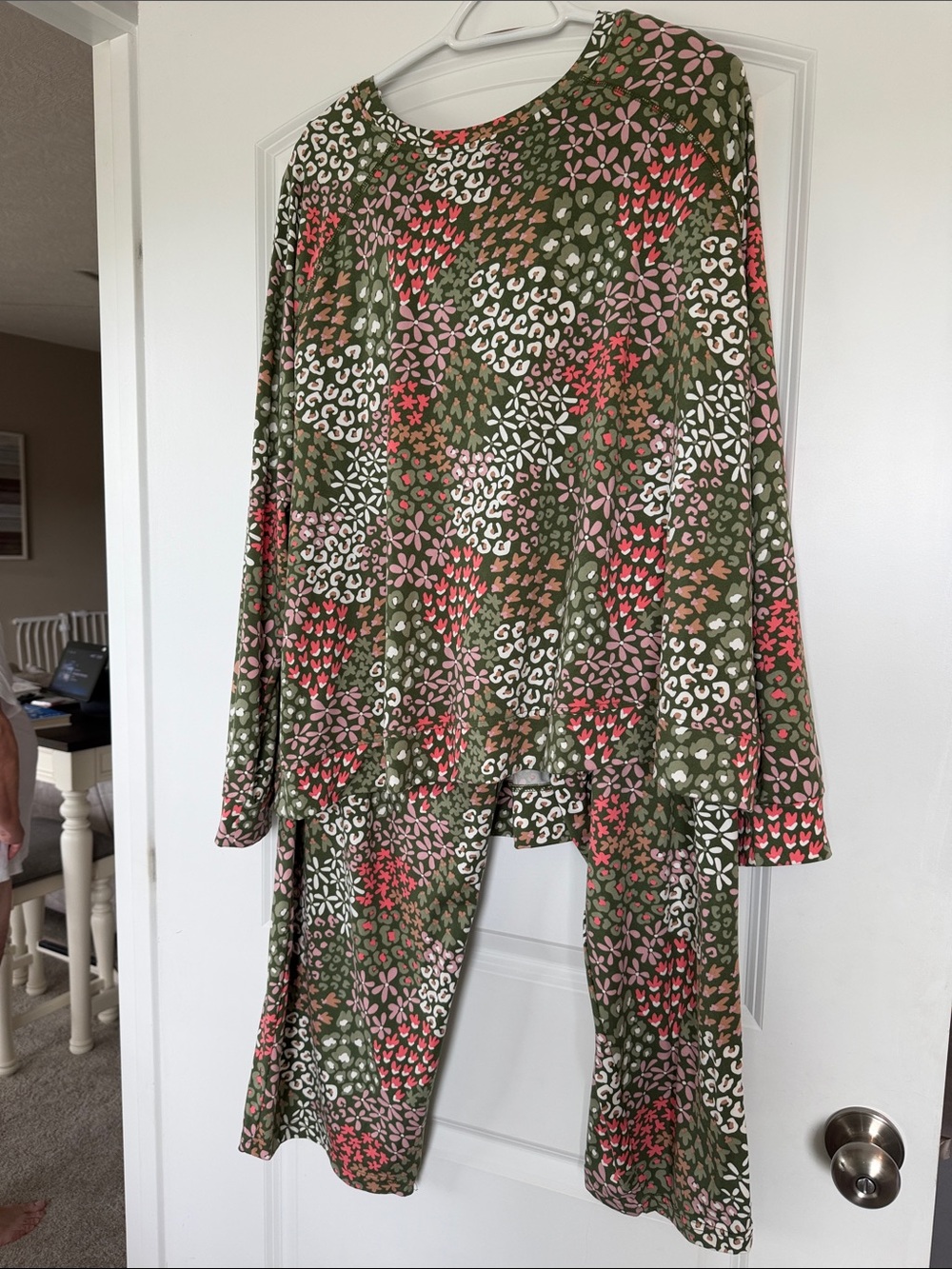 Women’s Olive Floral-Print Pajama Set with Pink Accents